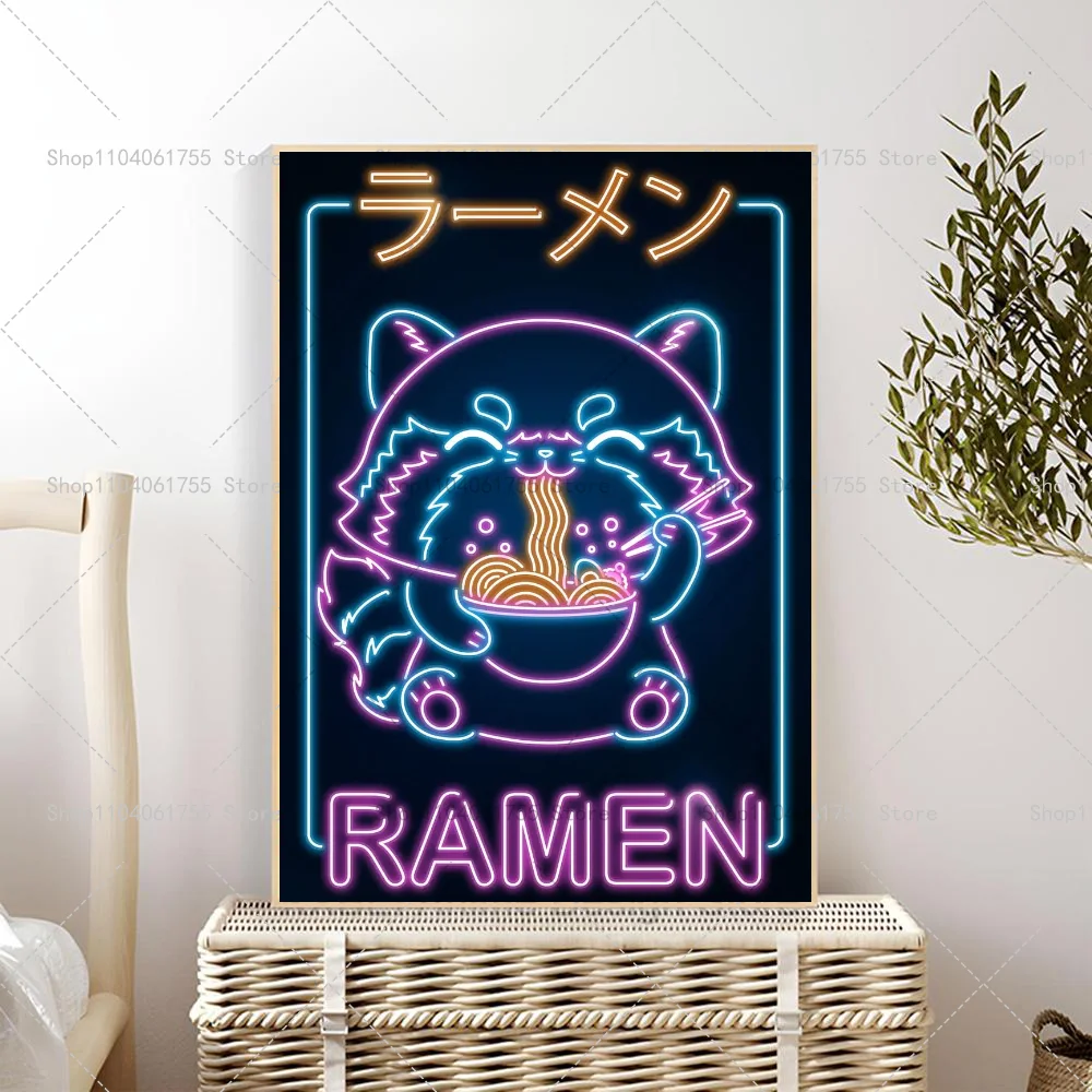 Plakat neon retro kot z ramenem i sushi Czarny