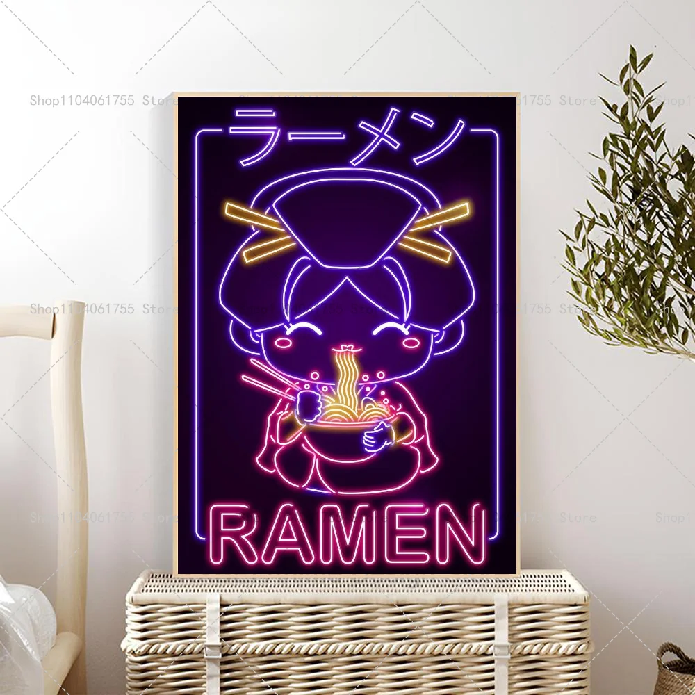Plakat neon retro kot z ramenem i sushi Czerwony