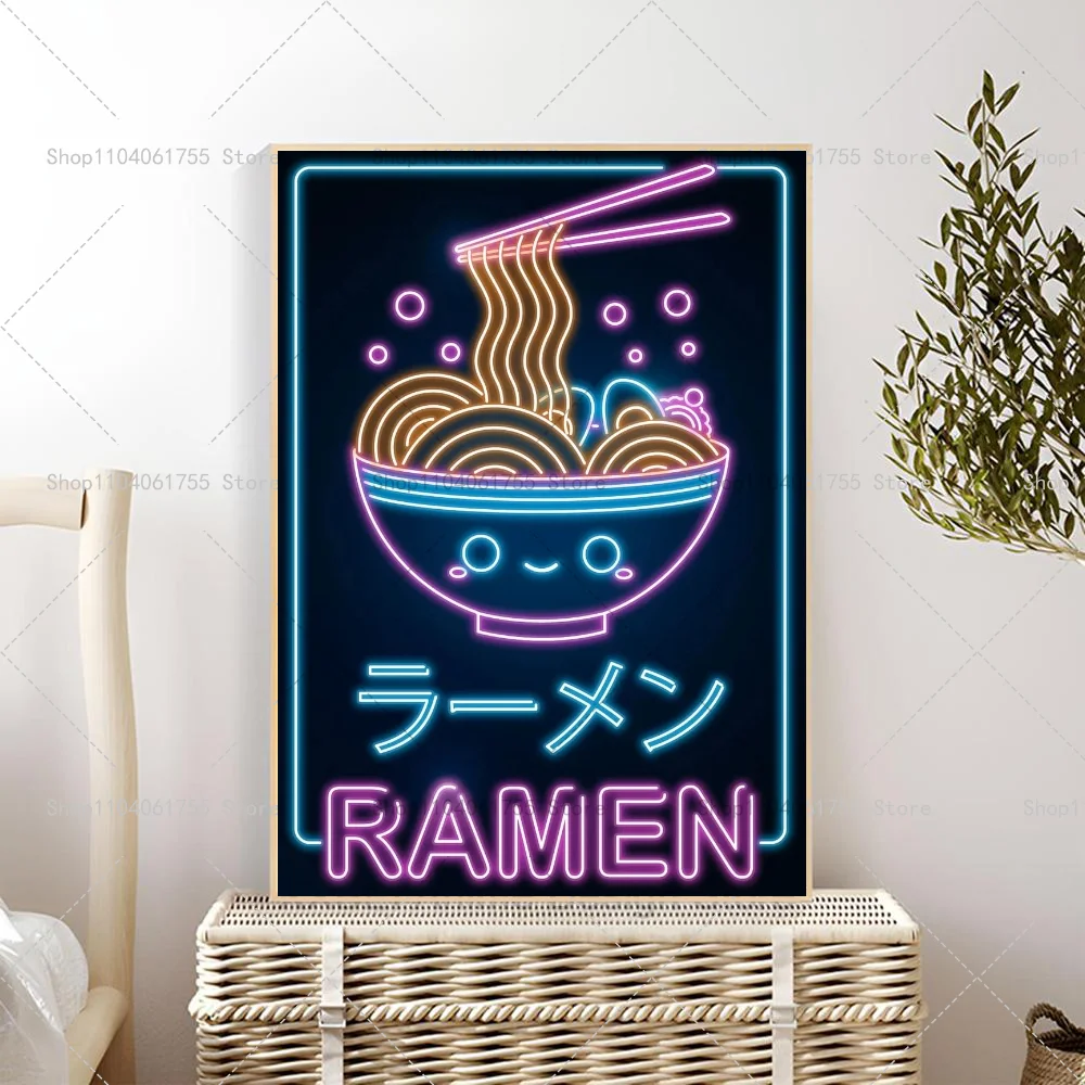 Plakat neon retro kot z ramenem i sushi Fioletowy
