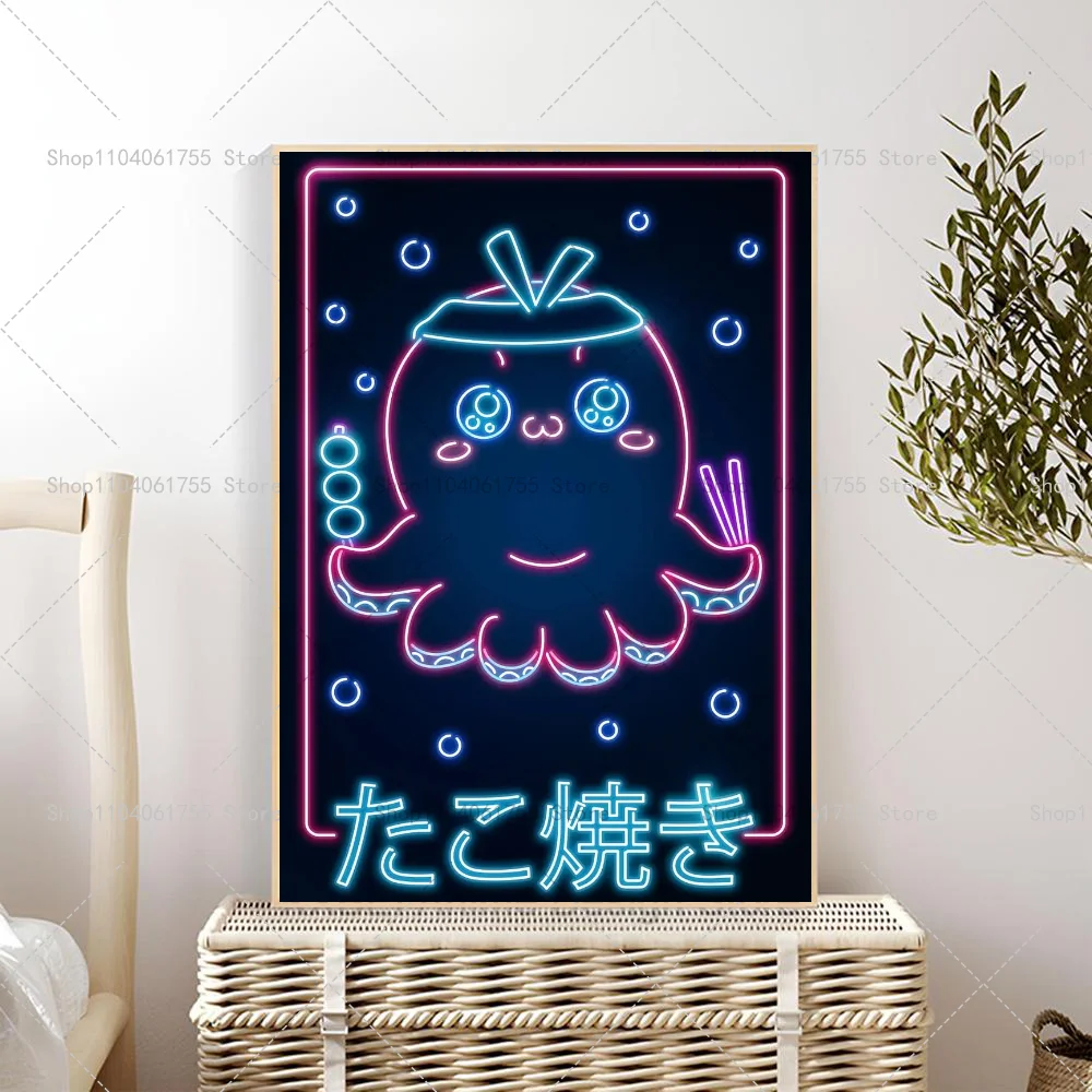 Plakat neon retro kot z ramenem i sushi Niebieski