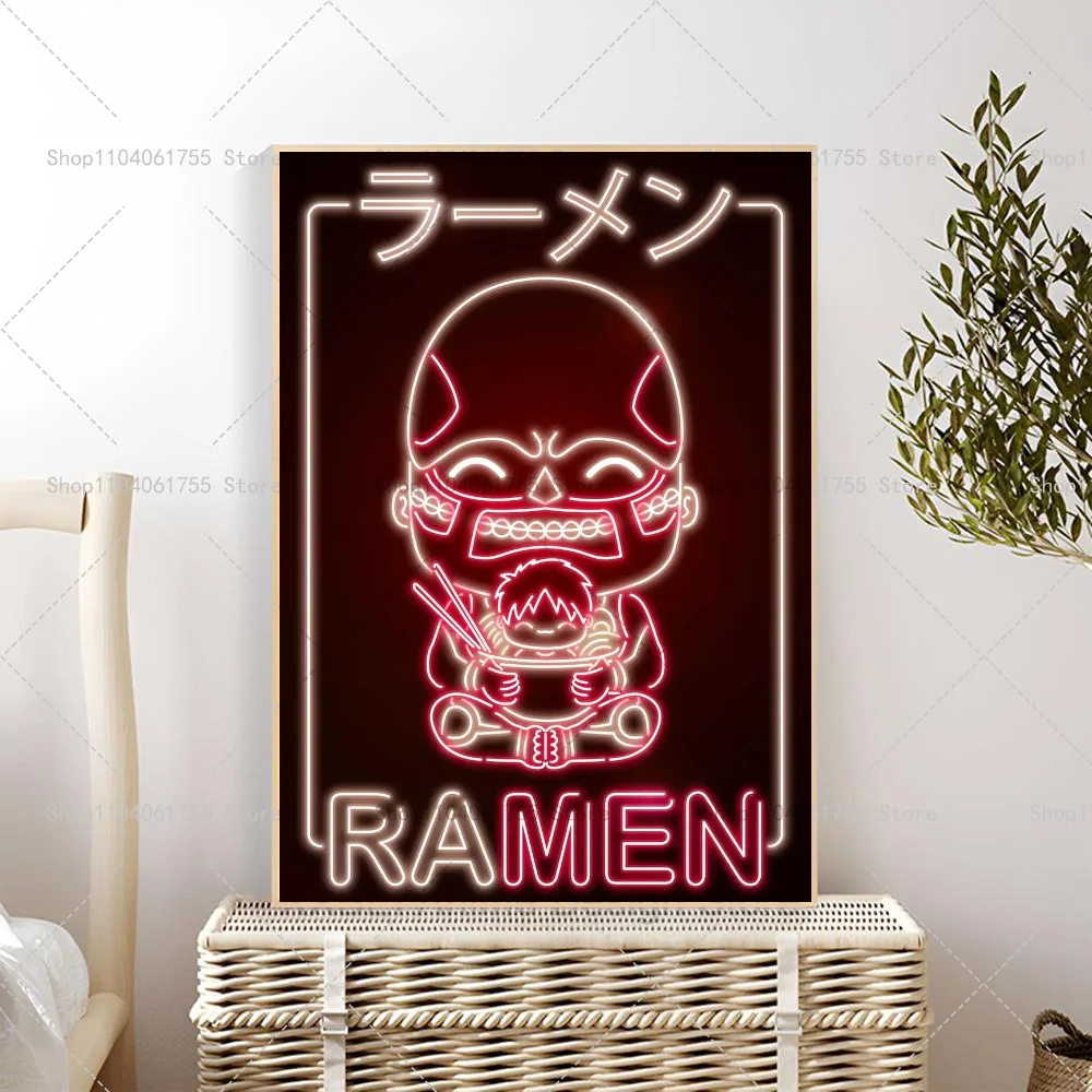 Plakat neon retro kot z ramenem i sushi Różowy