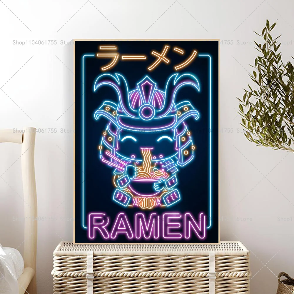 Plakat neon retro kot z ramenem i sushi Srebrny