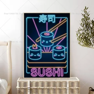 Plakat neon retro kot z ramenem i sushi Szary