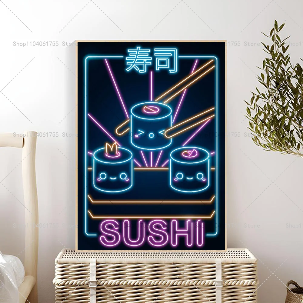 Plakat neon retro kot z ramenem i sushi Szary