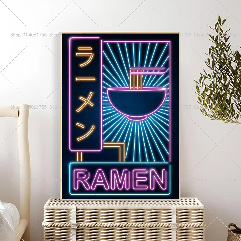 Plakat neon retro kot z ramenem i sushi Zielony