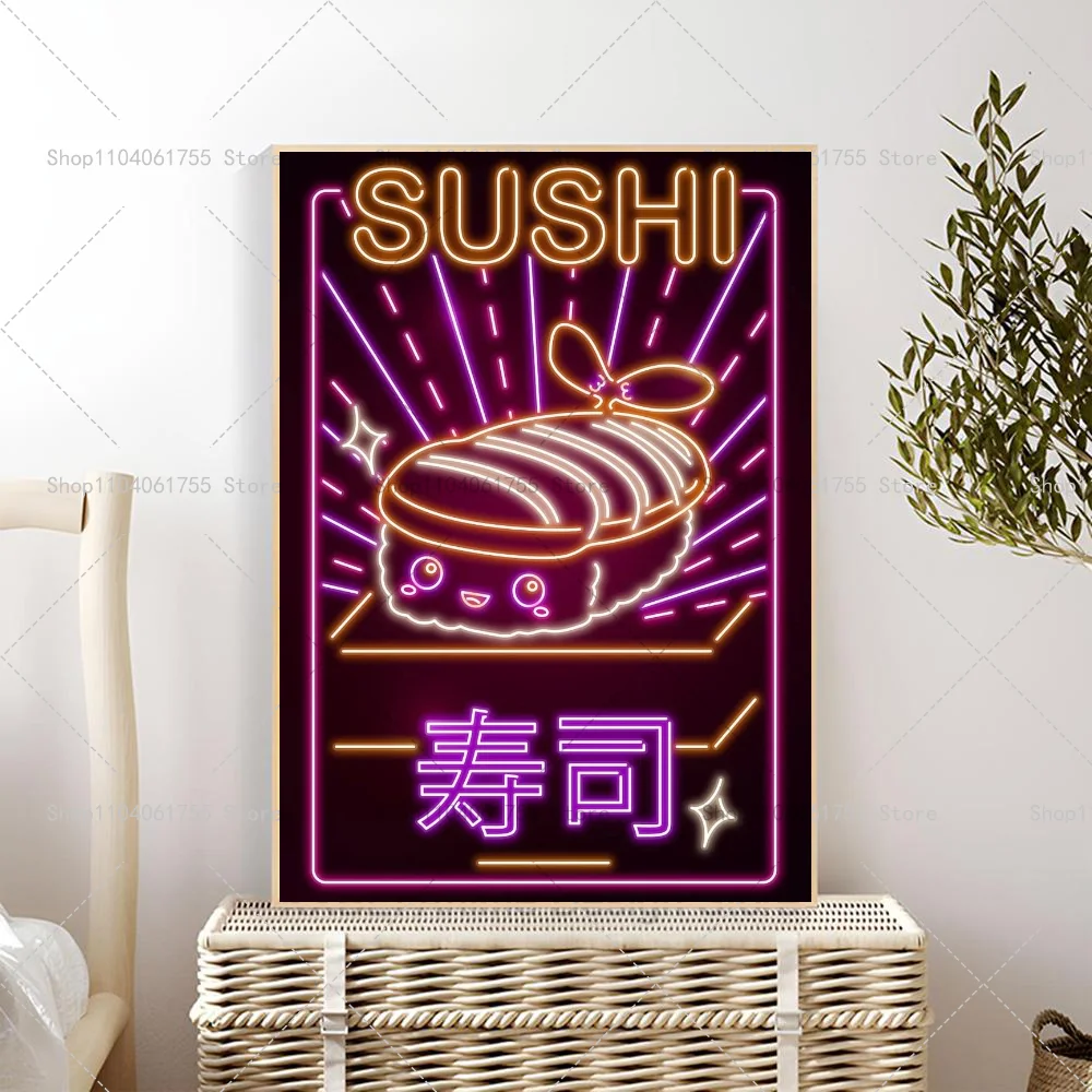 Plakat neon retro kot z ramenem i sushi Złoto