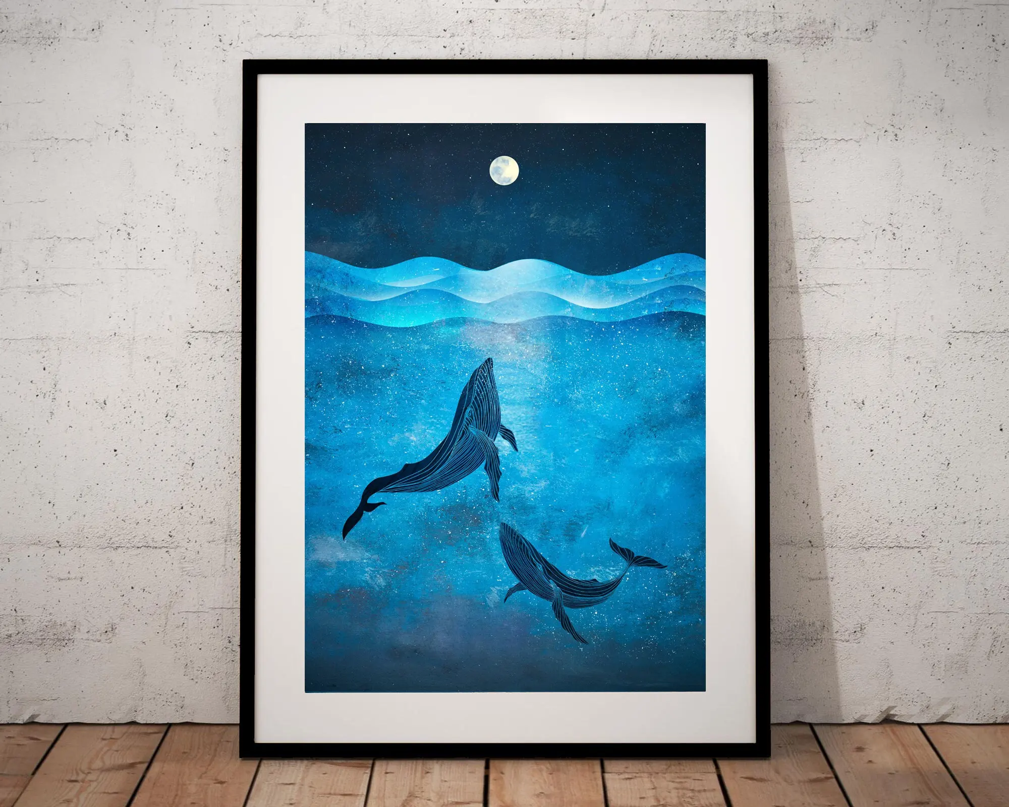 Niebieski ocean i wieloryby - minimalistyczny plakat Biały