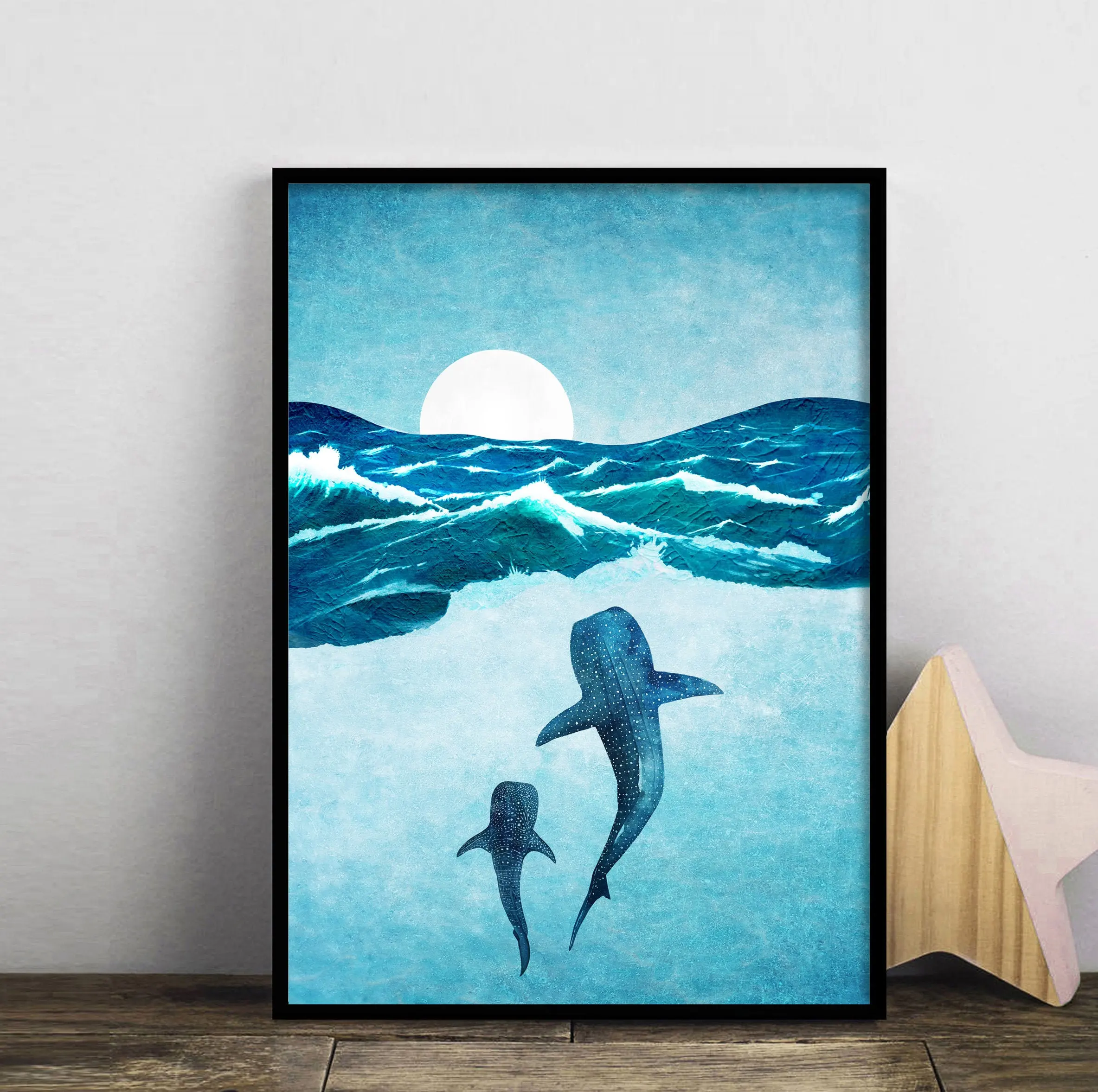 Niebieski ocean i wieloryby - minimalistyczny plakat Burgundia