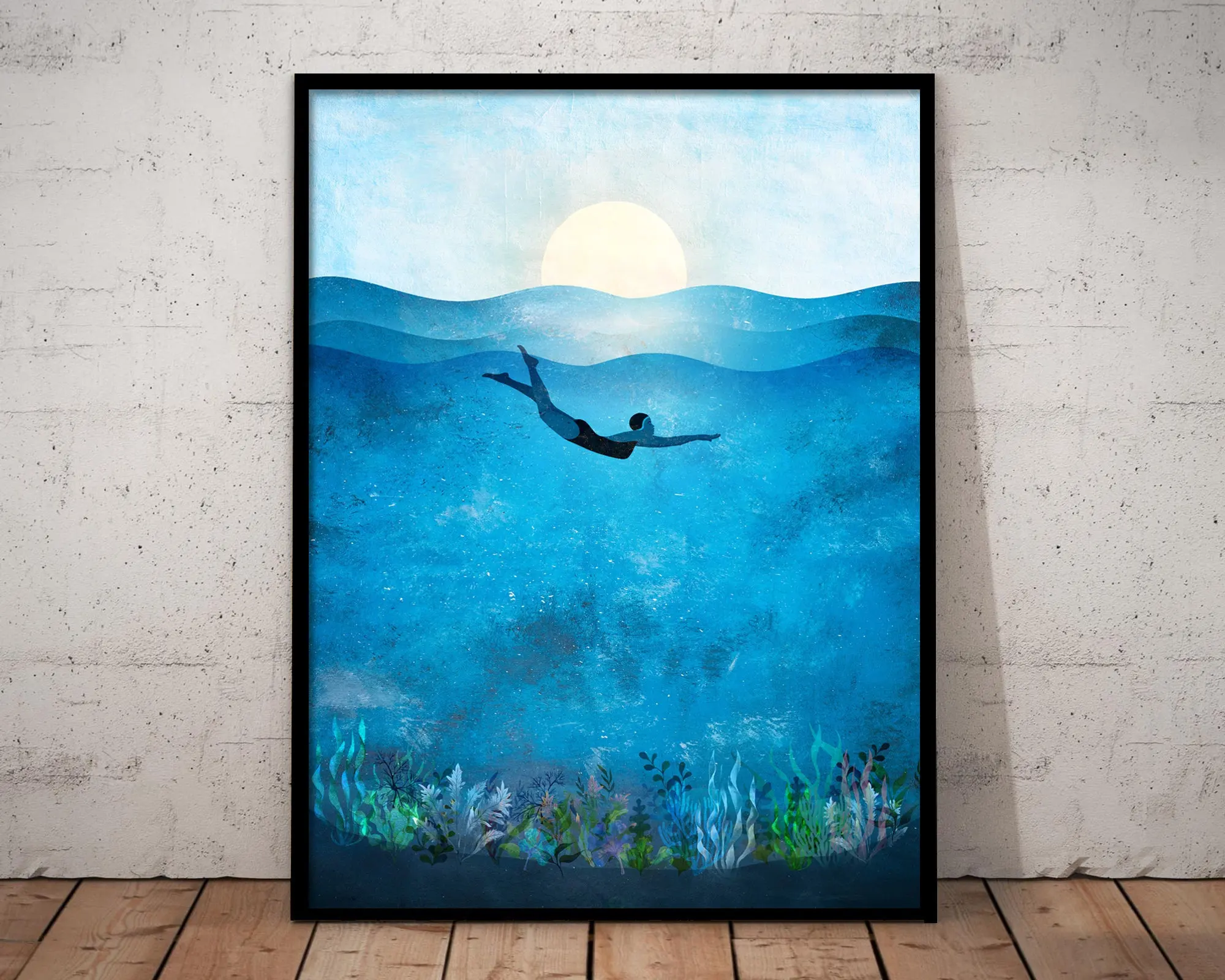 Niebieski ocean i wieloryby - minimalistyczny plakat żółty