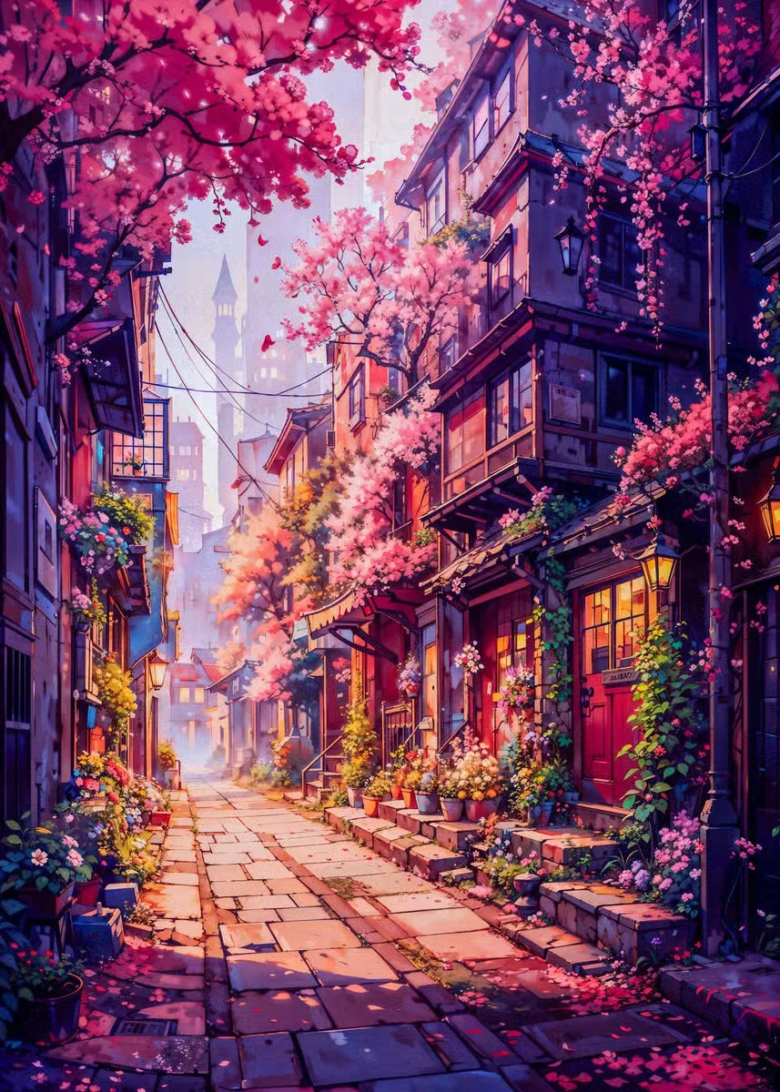 Plakat nocne miasto w japońskim stylu Granatowy
