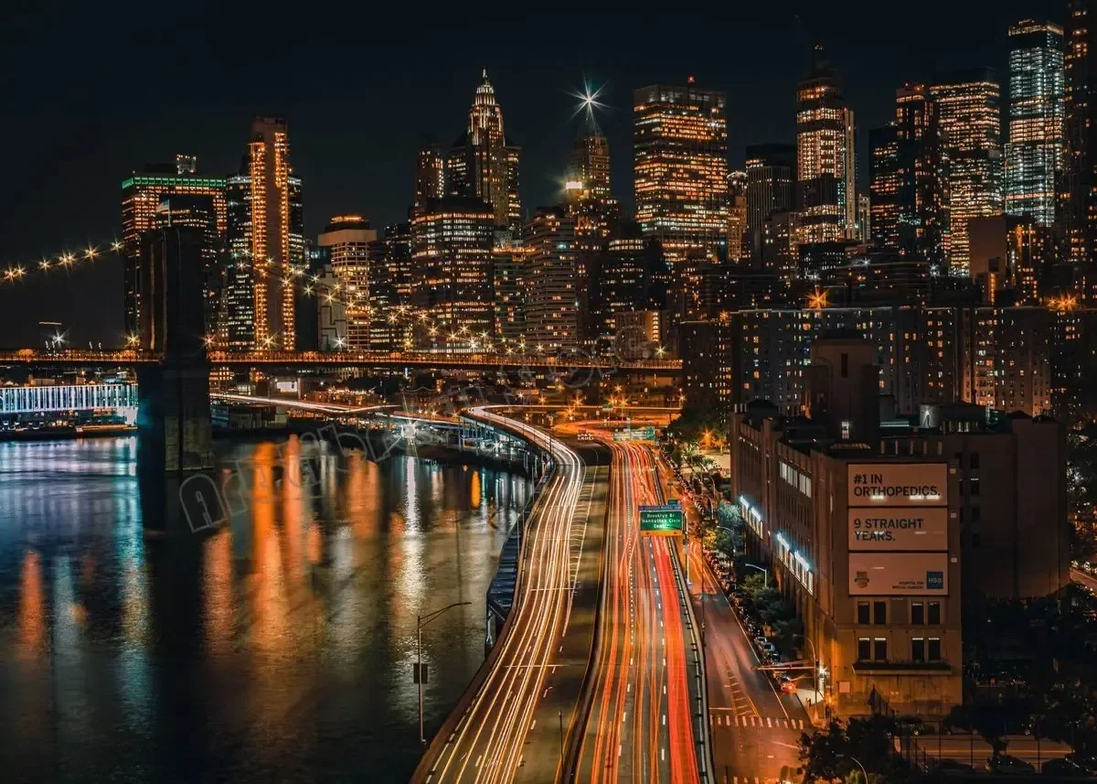 Plakat Nowy Jork nocą - neonowy skyline Jasnożółty