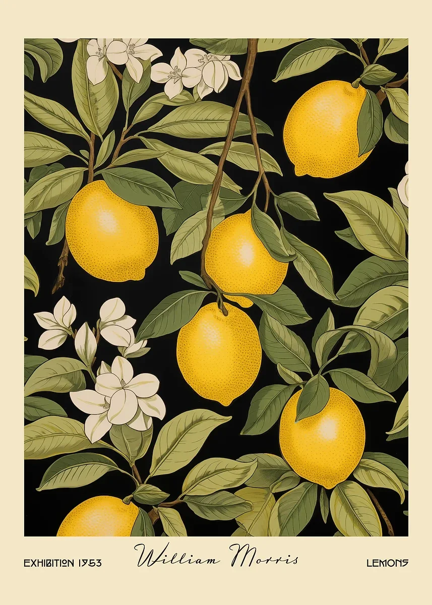 Owoce i warzywa William Morris - plakat retro do kuchni Czarny