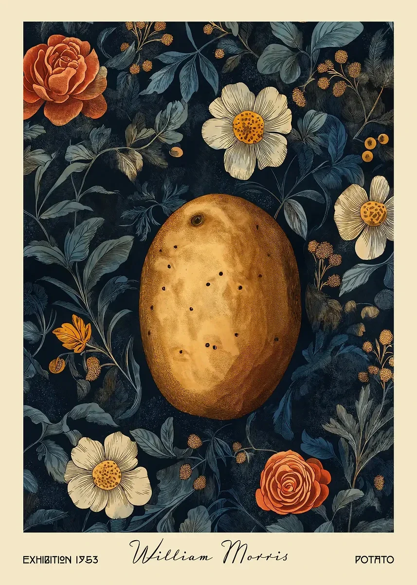Owoce i warzywa William Morris - plakat retro do kuchni Jasnoszary