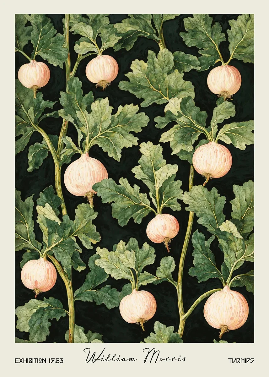 Owoce i warzywa William Morris - plakat retro do kuchni Niebieski