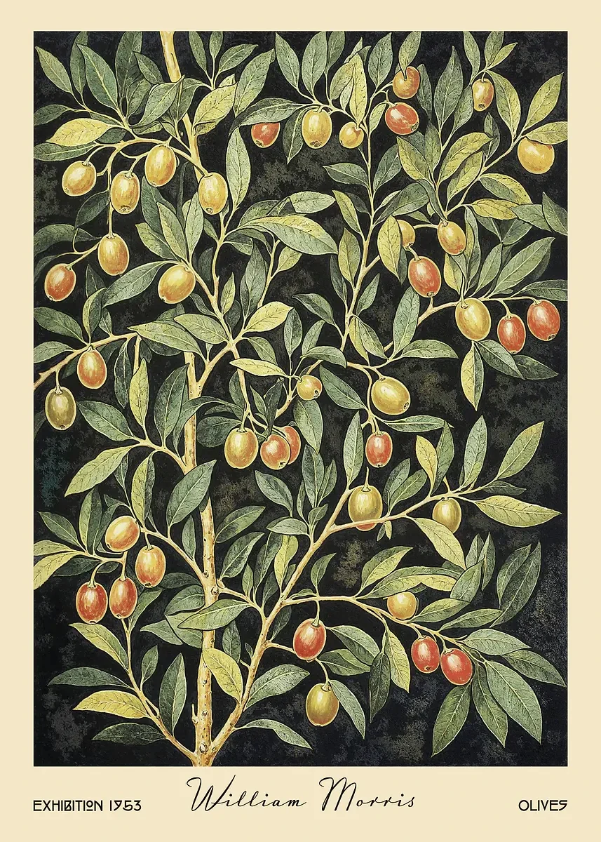 Owoce i warzywa William Morris - plakat retro do kuchni Pomarańczowy