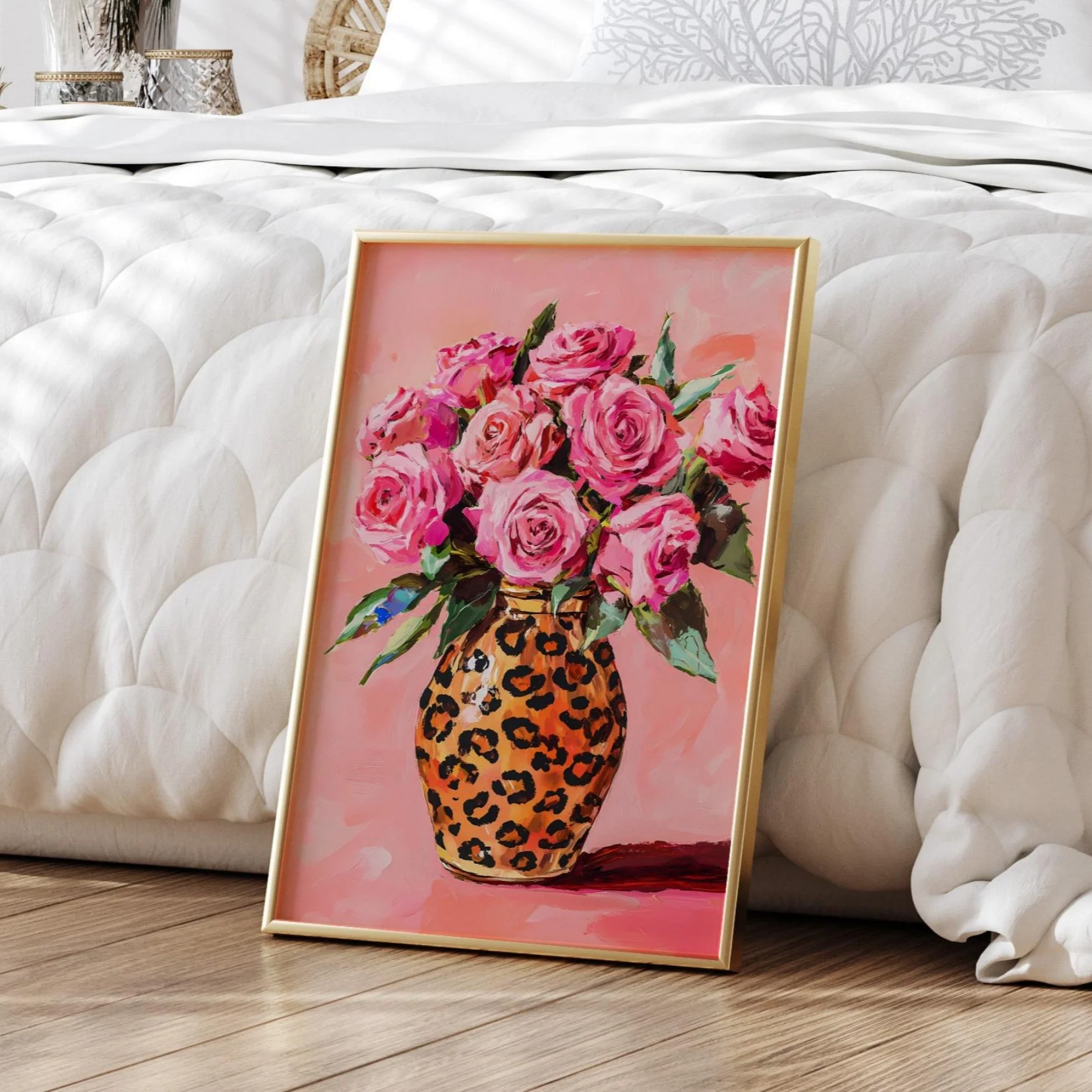 Plakat różowy panterka - maksymalistyczna grafika boho Fioletowy