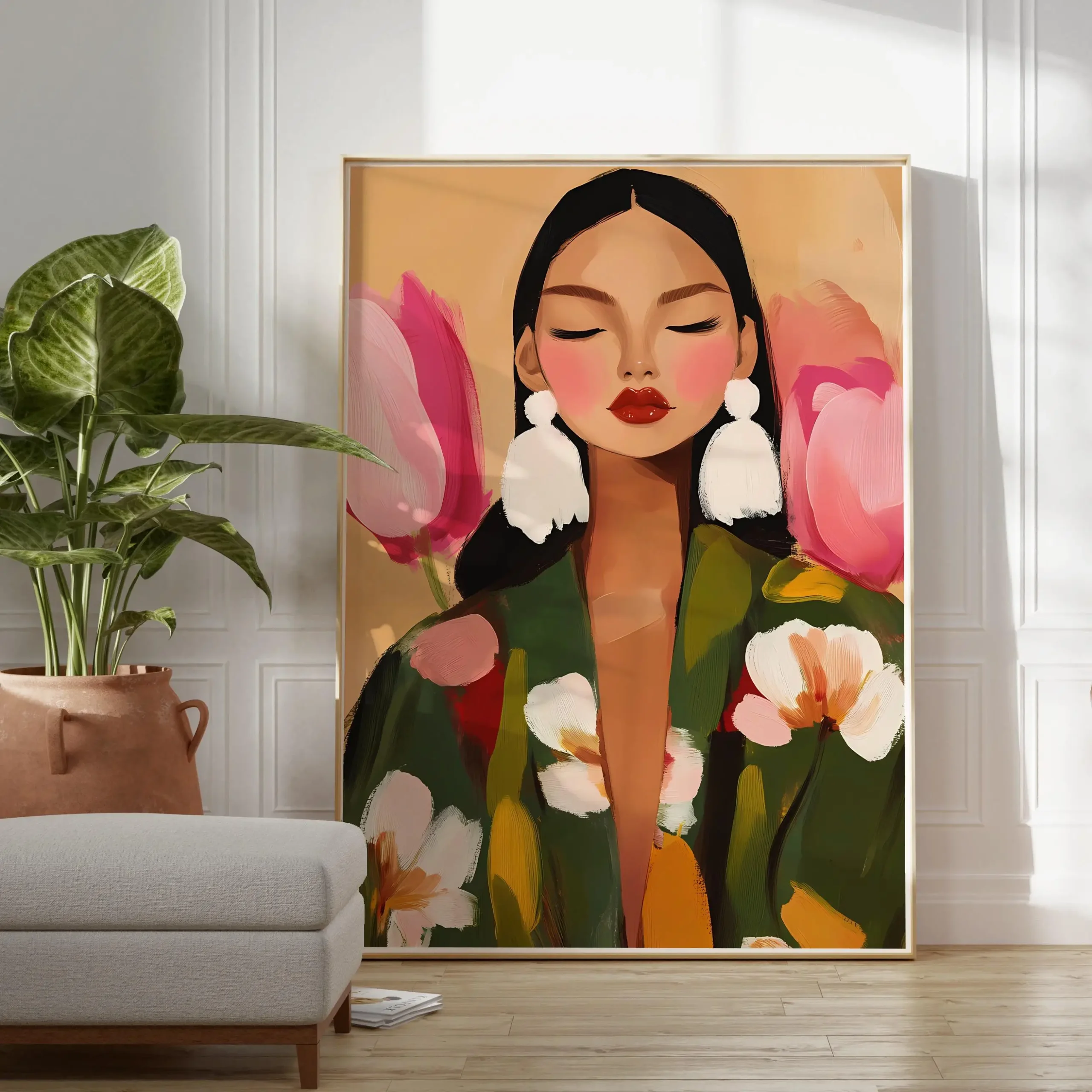 Plakat różowy panterka - maksymalistyczna grafika boho żółty