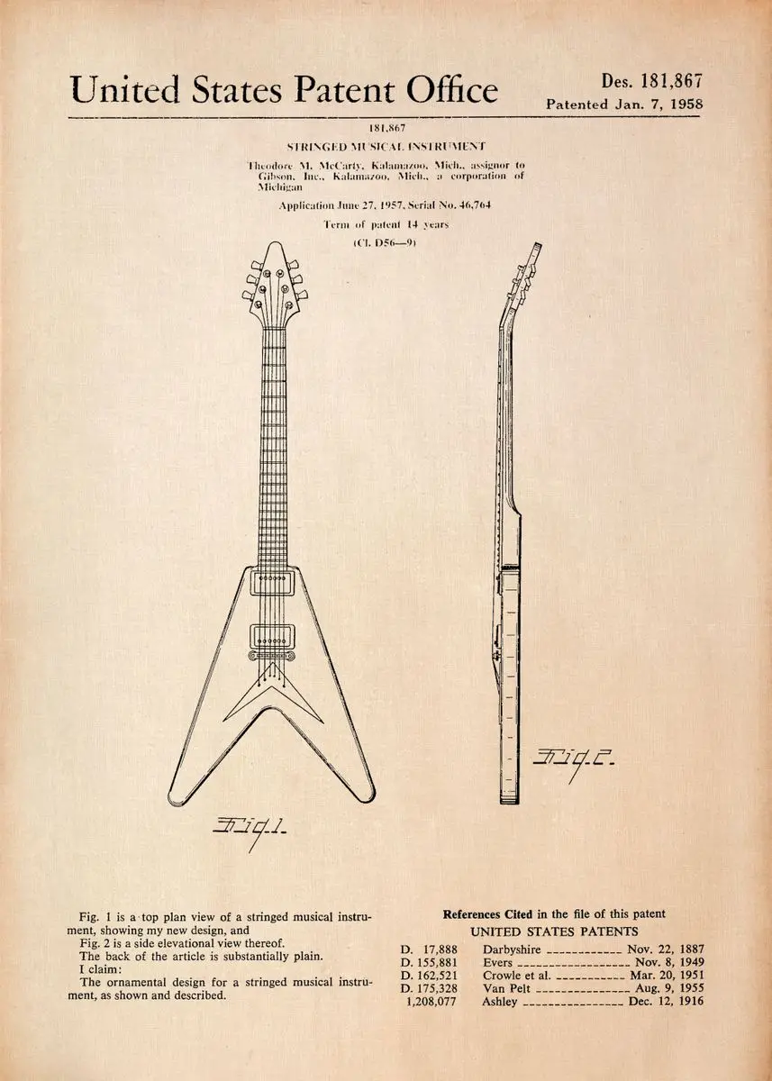Plakat Patentowy - Instrumenty Muzyczne Vintage Jasnoszary