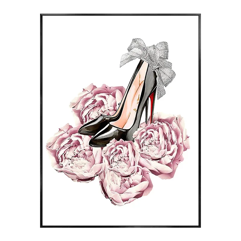 Plakat z perfumami, kwiatami i ustami w stylu glamour Czarny