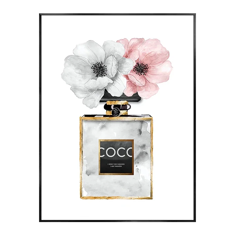 Plakat z perfumami, kwiatami i ustami w stylu glamour Fioletowy