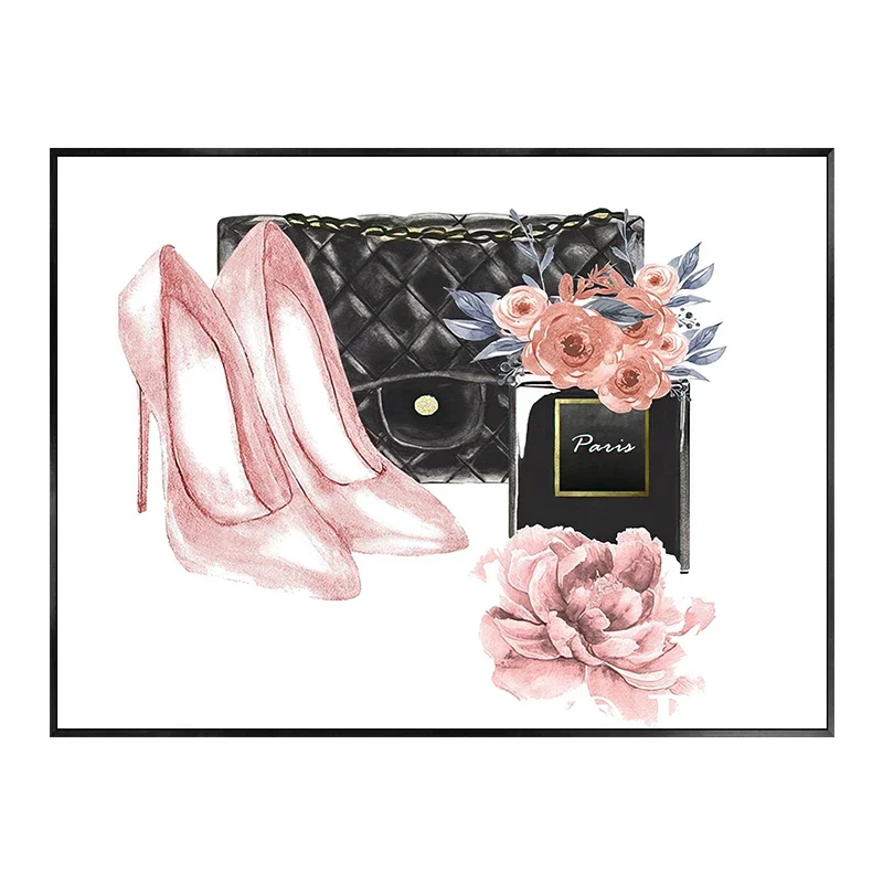 Plakat z perfumami, kwiatami i ustami w stylu glamour Jasnozielony