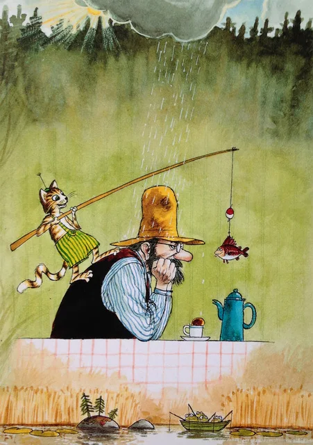 Pettson i Findus - kolorowy plakat do pokoju dziecięcego Niebieski