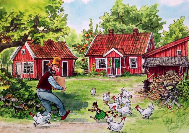 Pettson i Findus - kolorowy plakat do pokoju dziecięcego Zielony