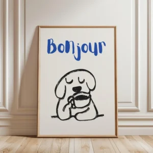 Plakat pies w kawiarni Bonjour Biały
