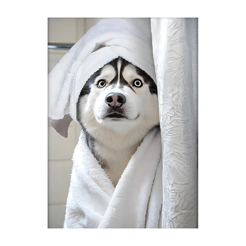 Pies w wannie - plakat do łazienki Fioletowy
