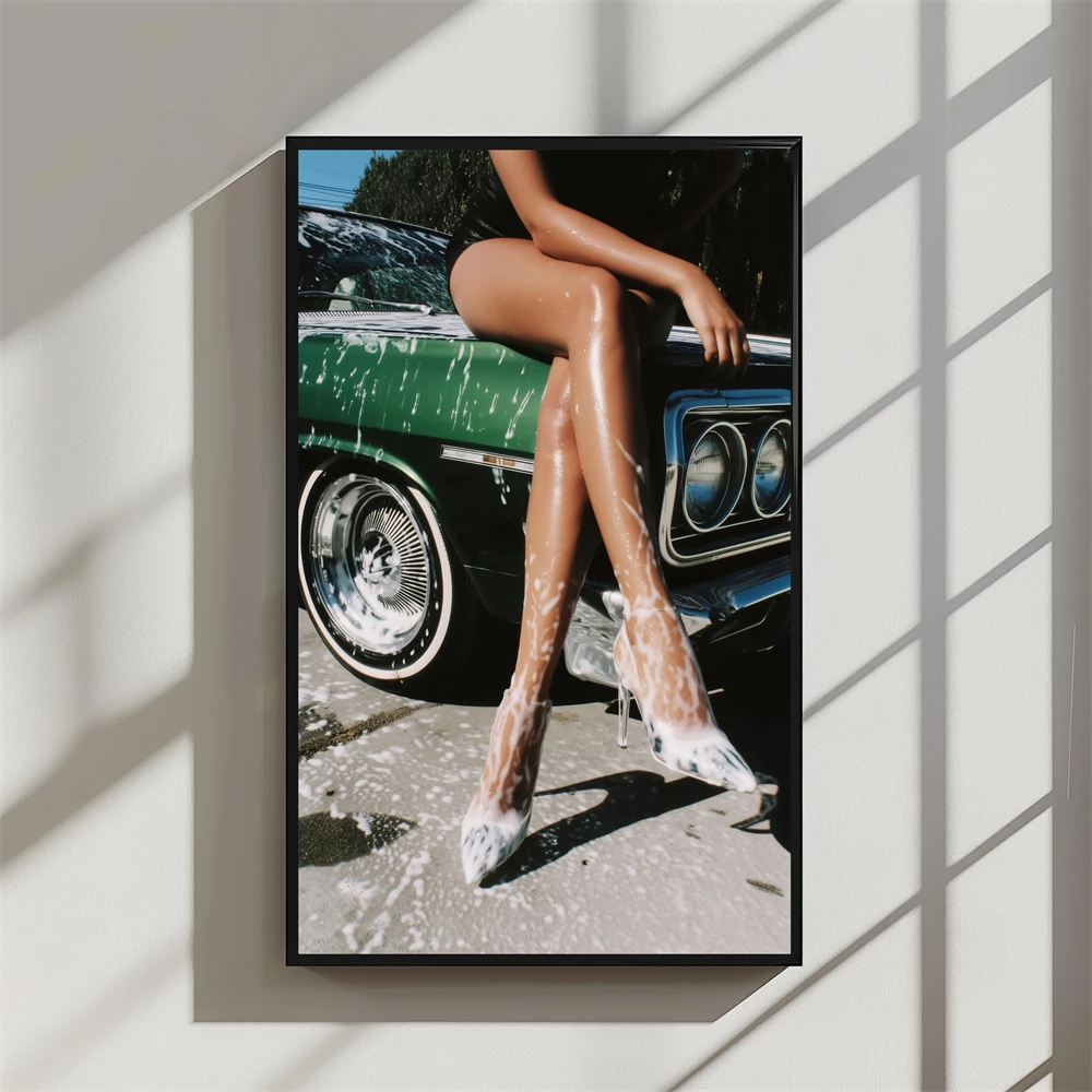 Retro plakat pin-up girl z samochodem wyścigowym Wzór 7