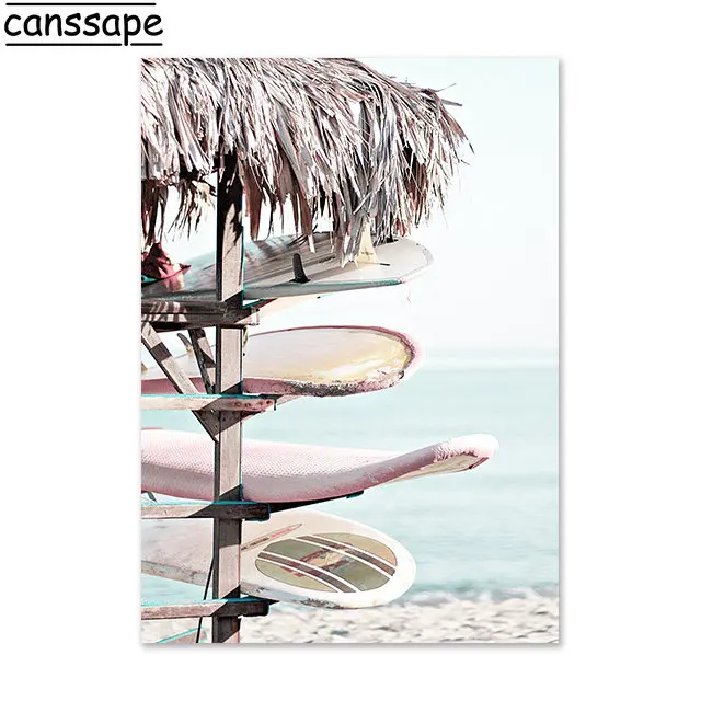 Plakat plaża palmy i deska surfingowa pastelowy Fioletowy/фиолетовый