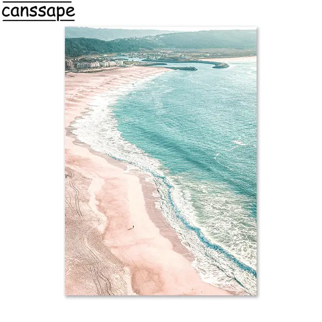 Plakat plaża palmy i deska surfingowa pastelowy Fuksja