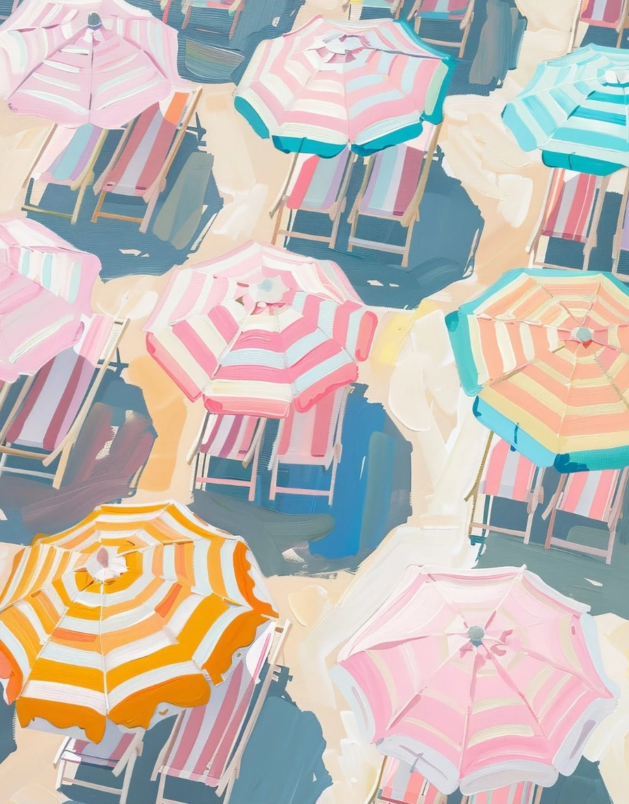 Parasol plażowy i fale - pastelowy plakat morski Różowy