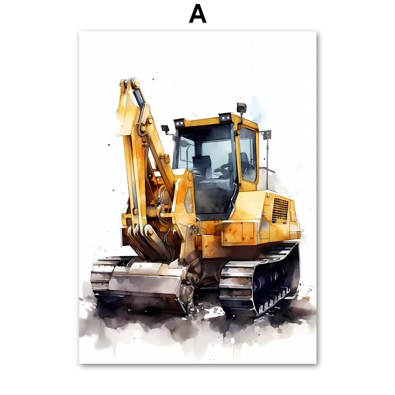Plakat z pojazdami budowlanymi - akwarela dla chłopca Biały