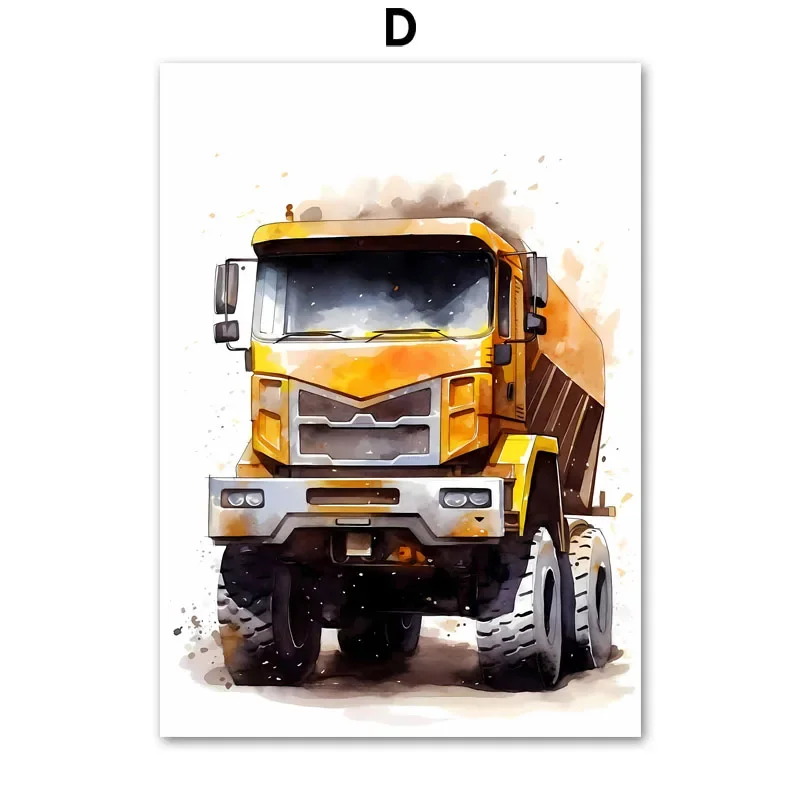 Plakat z pojazdami budowlanymi - akwarela dla chłopca Burgundia
