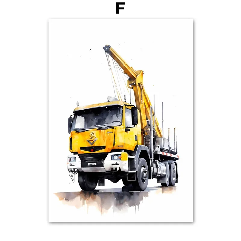Plakat z pojazdami budowlanymi - akwarela dla chłopca Jasnoszary