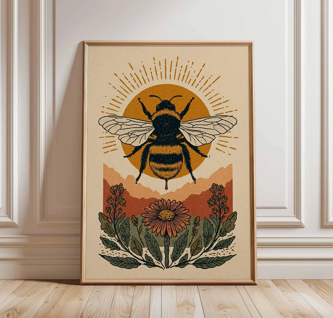 Vintage grafika z pszczołą - botaniczny nadruk Jasnozielony