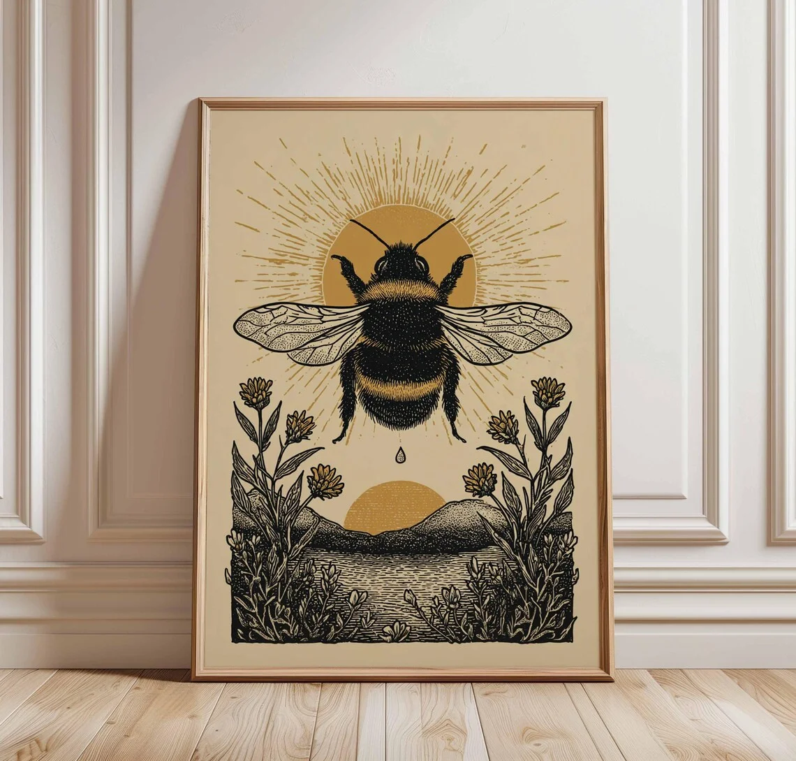 Vintage grafika z pszczołą - botaniczny nadruk Pomarańczowy