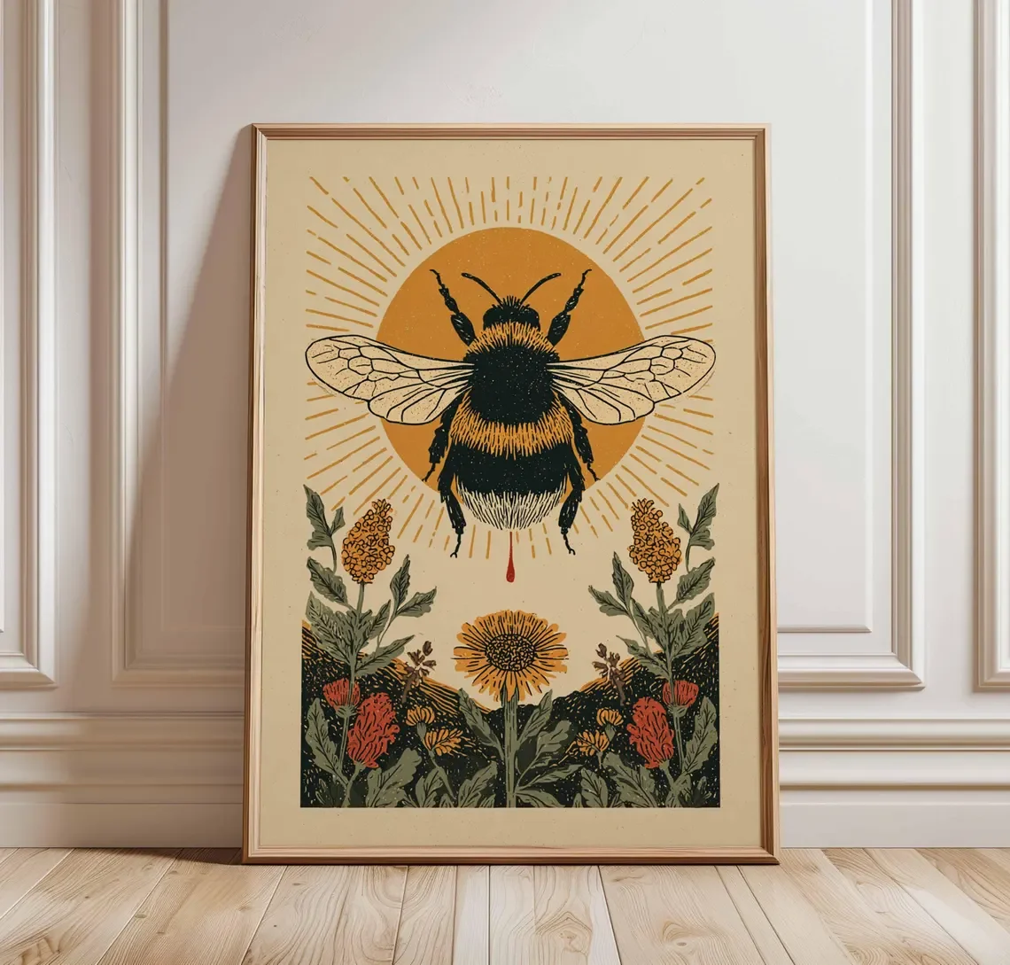 Vintage grafika z pszczołą - botaniczny nadruk żółty