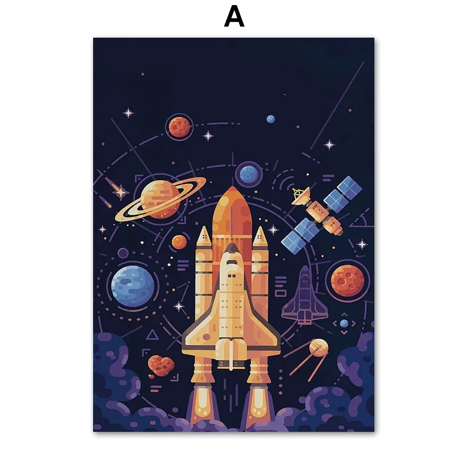 Plakat z rakietą i astronautą do pokoju dziecięcego Biały