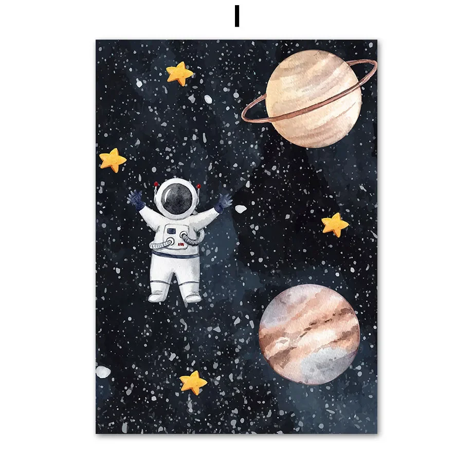 Plakat z rakietą i astronautą do pokoju dziecięcego Granatowy