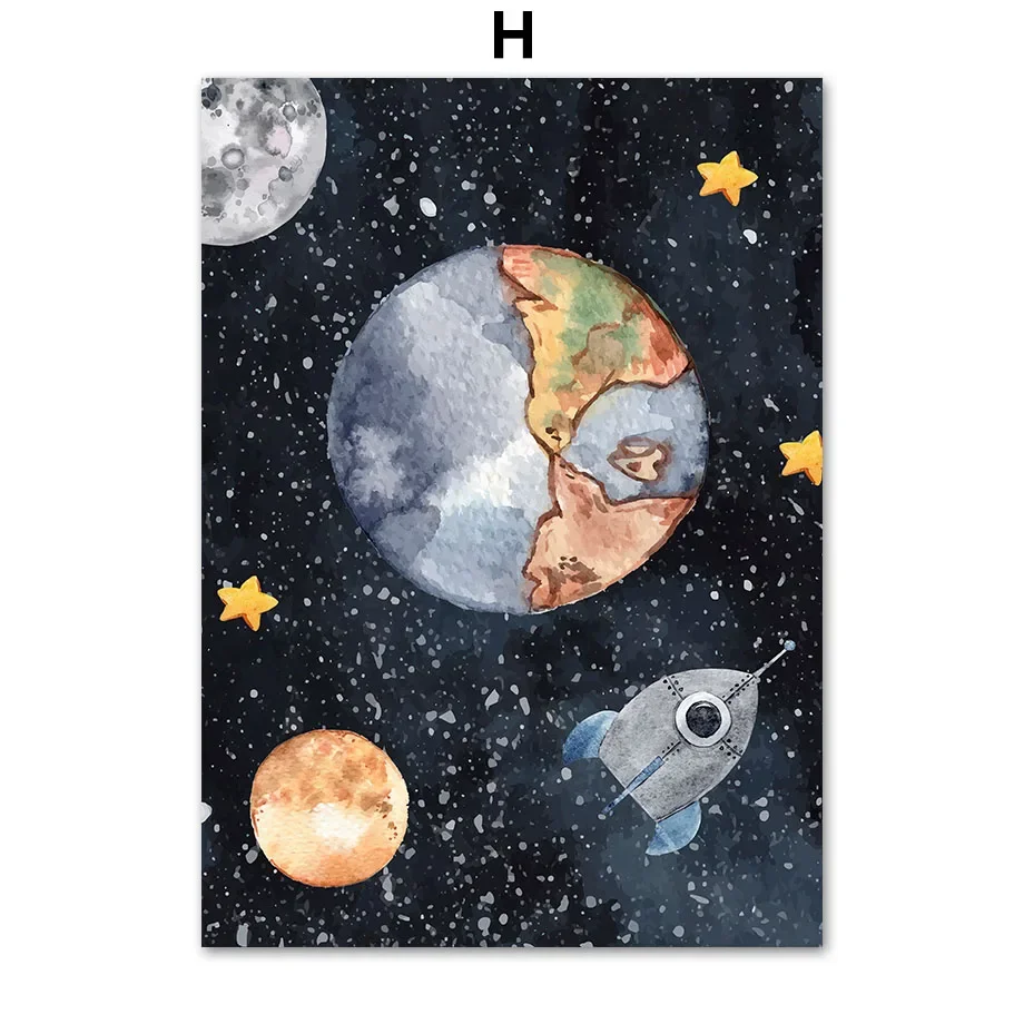 Plakat z rakietą i astronautą do pokoju dziecięcego Niebieski