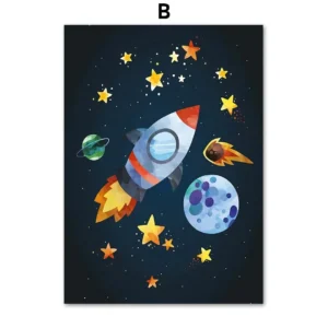 Plakat z rakietą i astronautą do pokoju dziecięcego żółty
