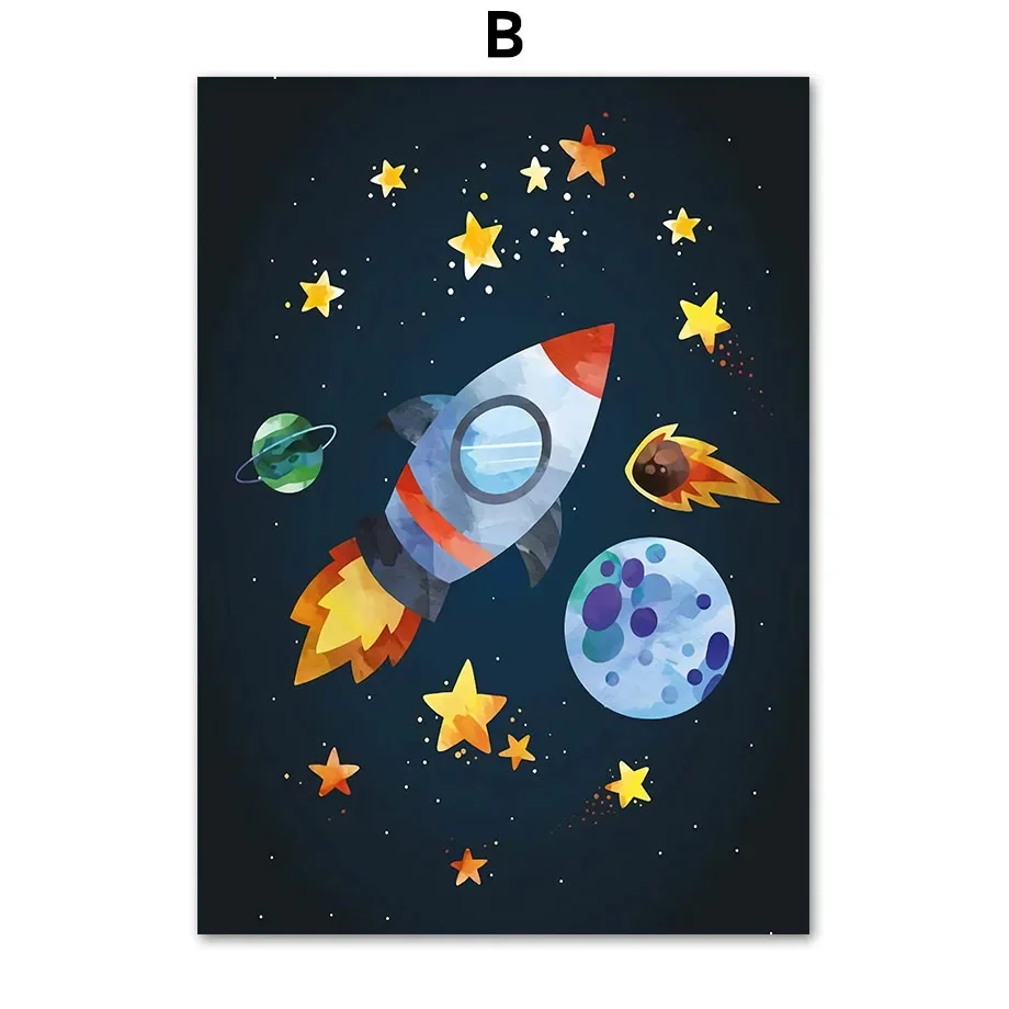 Plakat z rakietą i astronautą do pokoju dziecięcego żółty