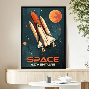 Plakat retro rakieta kosmiczna żółty