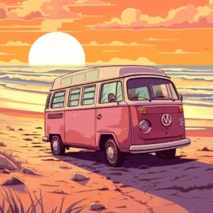 Retro autobus na plaży - plakat surfingowy E