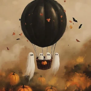 Plakat retro Halloween z dynią i czarnym kotem śliwka