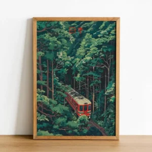 Plakat retro japoński krajobraz z koleją Beżowy