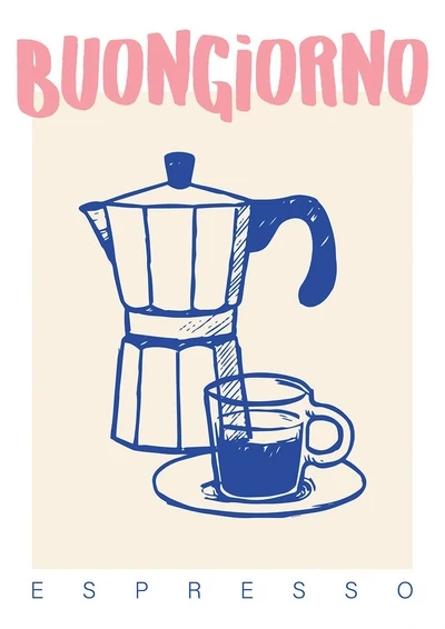 Plakat retro kawa, espresso i makaron do kuchni Biały