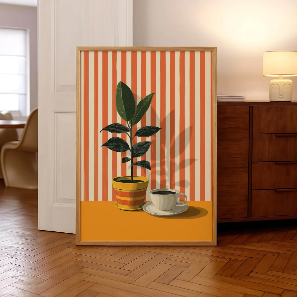 Plakat retro z kawą i ciepłymi paskami Wzór 2
